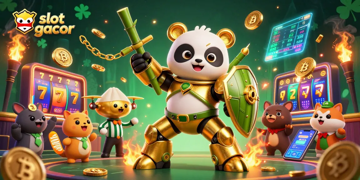 Engage with the slot gacor dynamic scene featuring a golden panda pilot and casino elements.