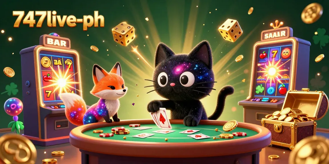 Engaging 3D scene showcasing 747live-ph, featuring a cosmic cat and fox at a casino table surrounded by bright slot machines and gold.