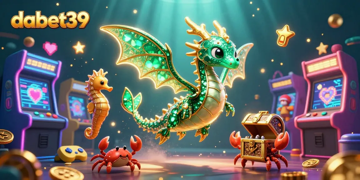 Dabet39 promotes a vibrant casino world with characters, game machines, and treasure elements.