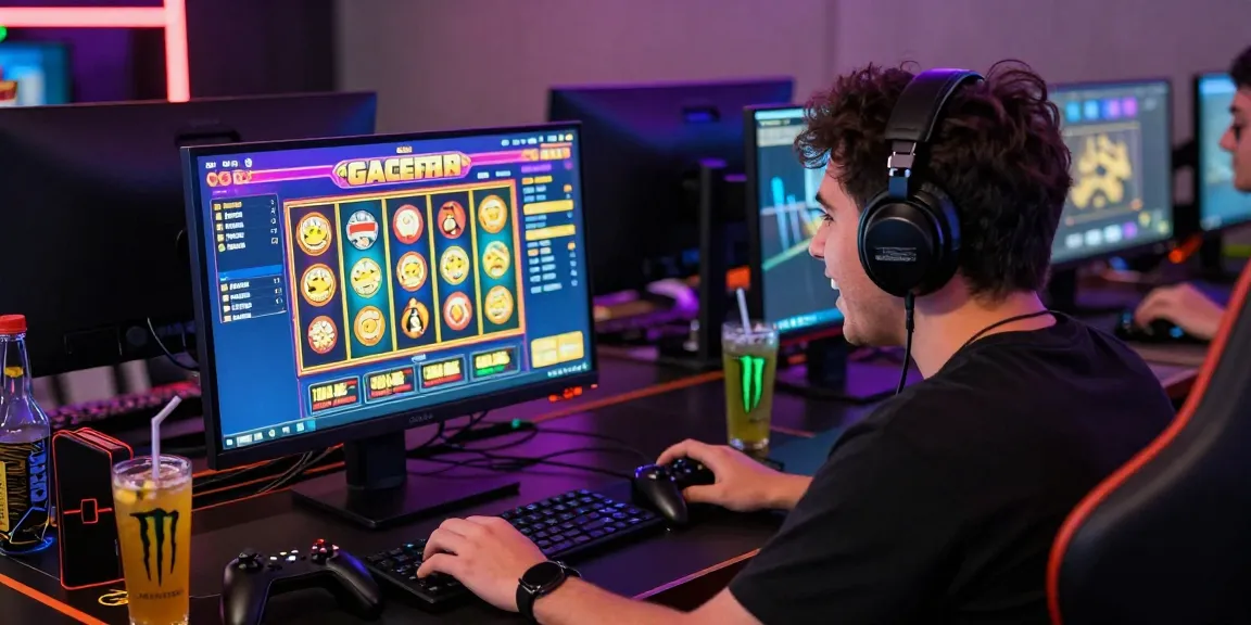 Player engaged in a thrilling slot gacor game experience with colorful reels and gaming accessories