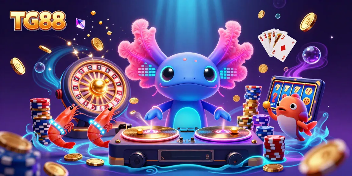 Play exciting games at TG88 with a vibrant atmosphere featuring underwater casino elements, cascading coins, and lively characters.