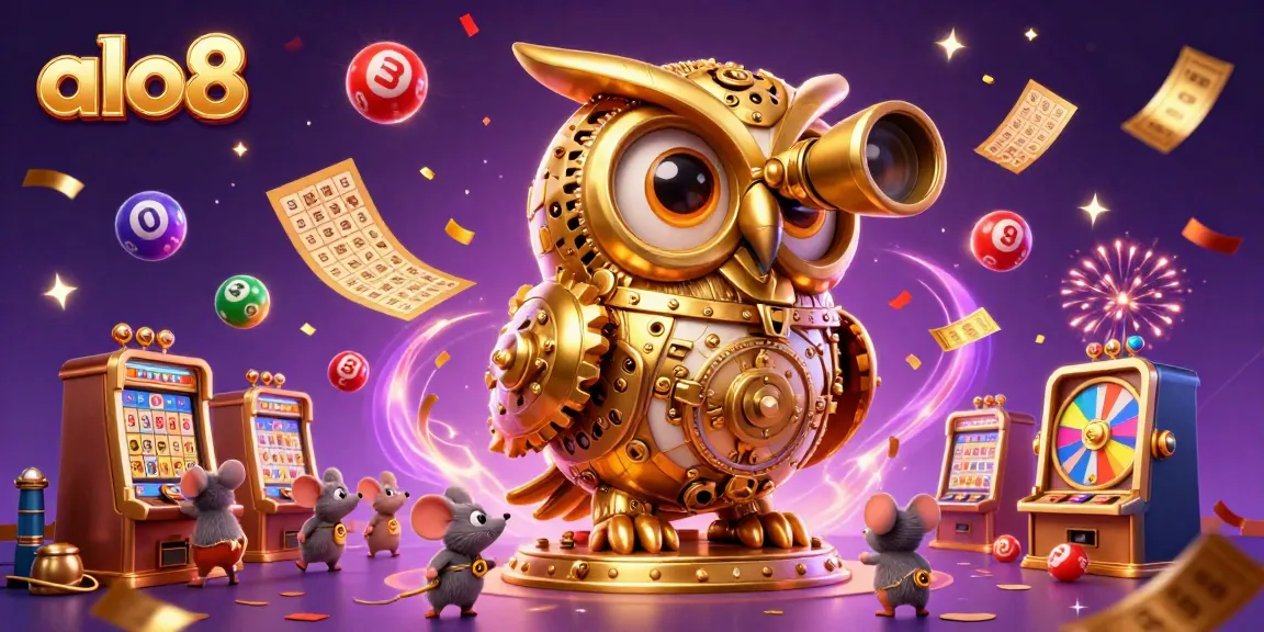 Experience the excitement of gaming at alo8 with lively lottery balls and a unique clockwork owl.