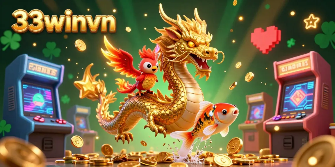 Engage with exciting games at 33winvn, featuring a dragon, phoenix, and koi amid dynamic casino visuals.
