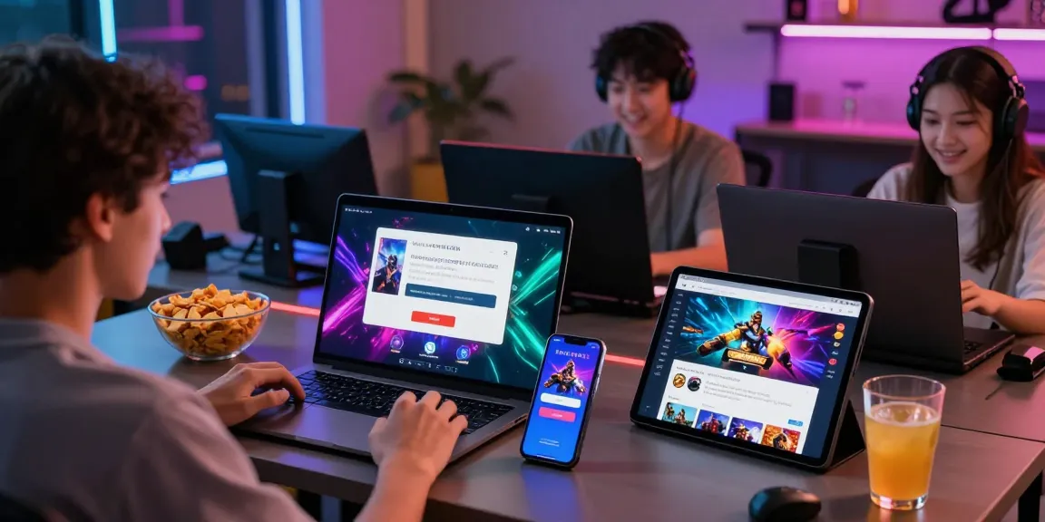 Katatogel login options showcased through a vibrant online gaming setup with multiple devices and community interaction.