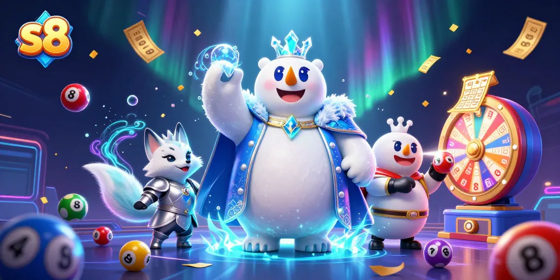 Win big at s8 as the polar bear king and fox spin lottery balls and prizes in an exciting casino scene.