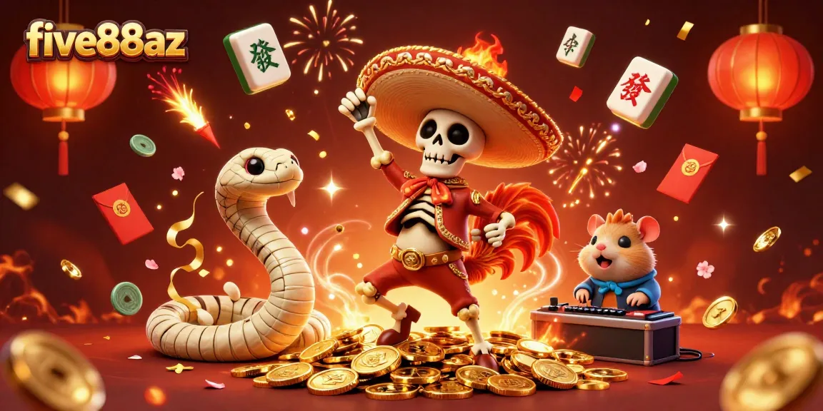 Join the celebration with five88az featuring vibrant characters and casino elements in a festive digital illustration.
