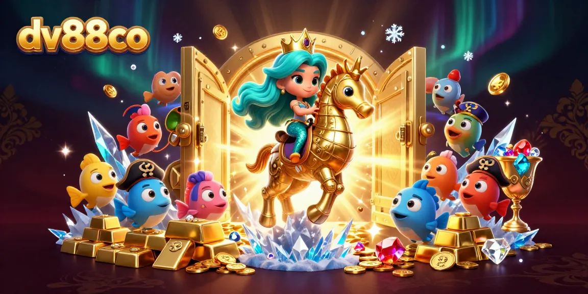 Experience the thrill of dv88co as a mermaid princess rides a golden seahorse surrounded by treasures.