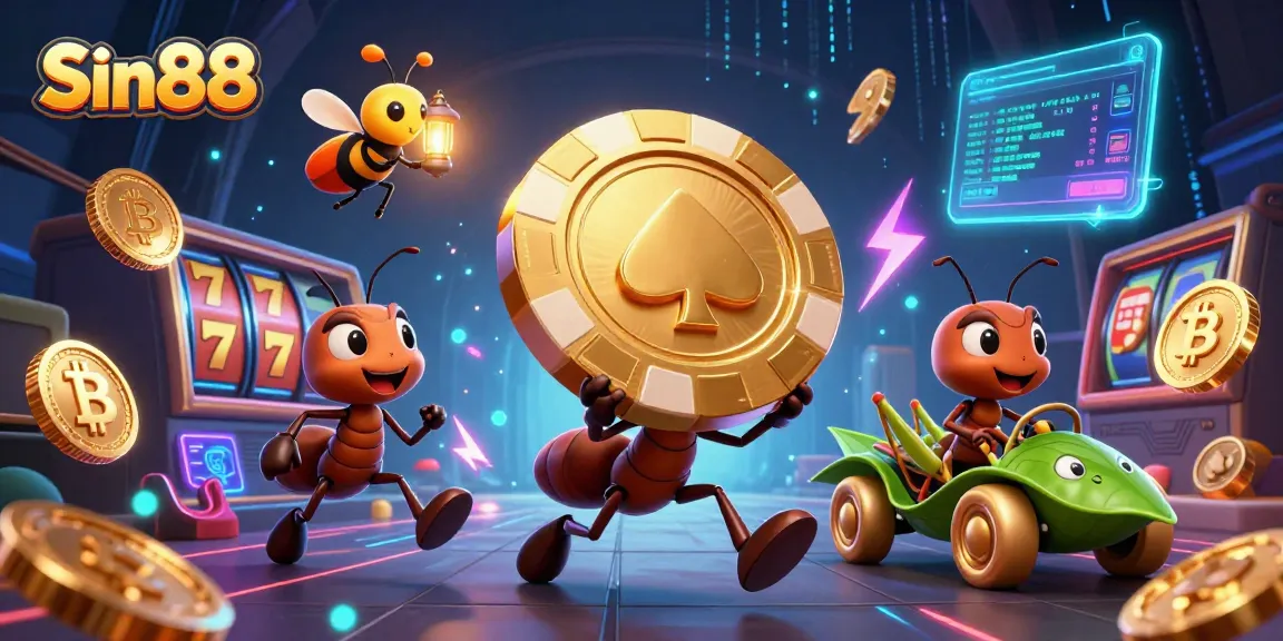 Sin88 features an exciting scene with a golden poker chip heist in a casino-themed heist adventure.