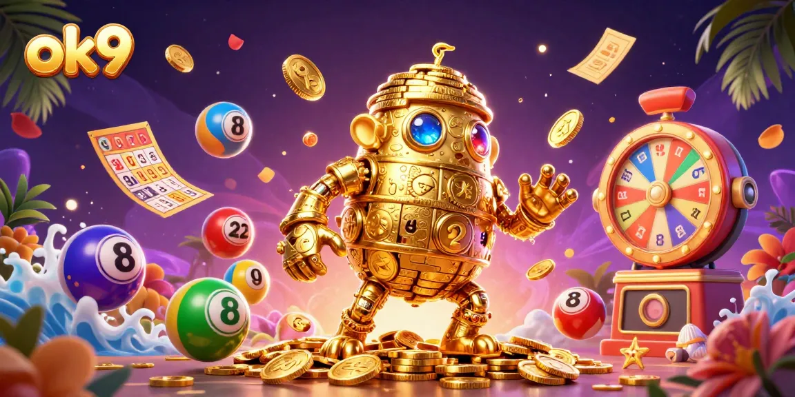 Engage in the thrilling ok9 casino experience with vibrant lottery balls and golden prizes surrounding a golden golem.