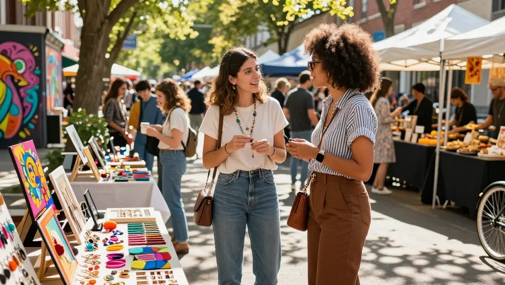 Jaklin Dalir enjoying vibrant outdoor marketplace while browsing handmade jewelry and accessories.