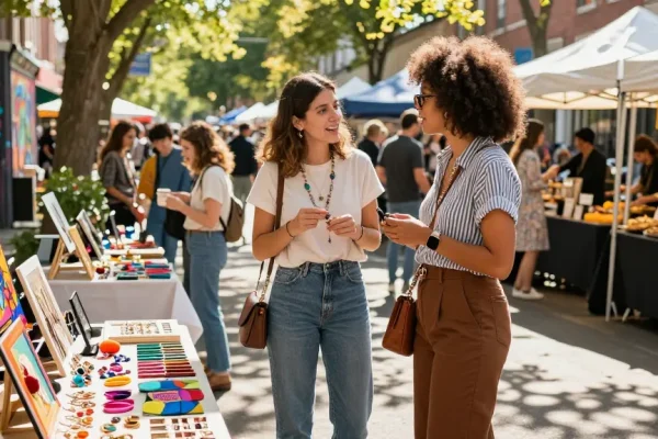 Jaklin Dalir enjoying vibrant outdoor marketplace while browsing handmade jewelry and accessories.