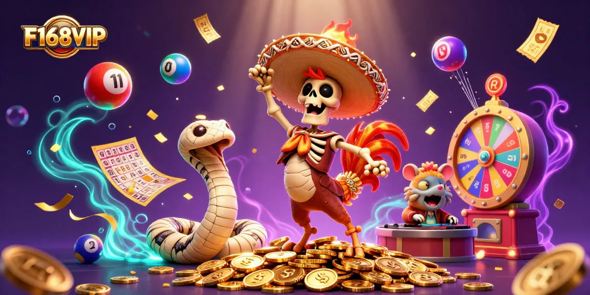 Experience thrilling wins with F168VIP, a vibrant 3D casino scene featuring jubilant characters and dynamic game elements.