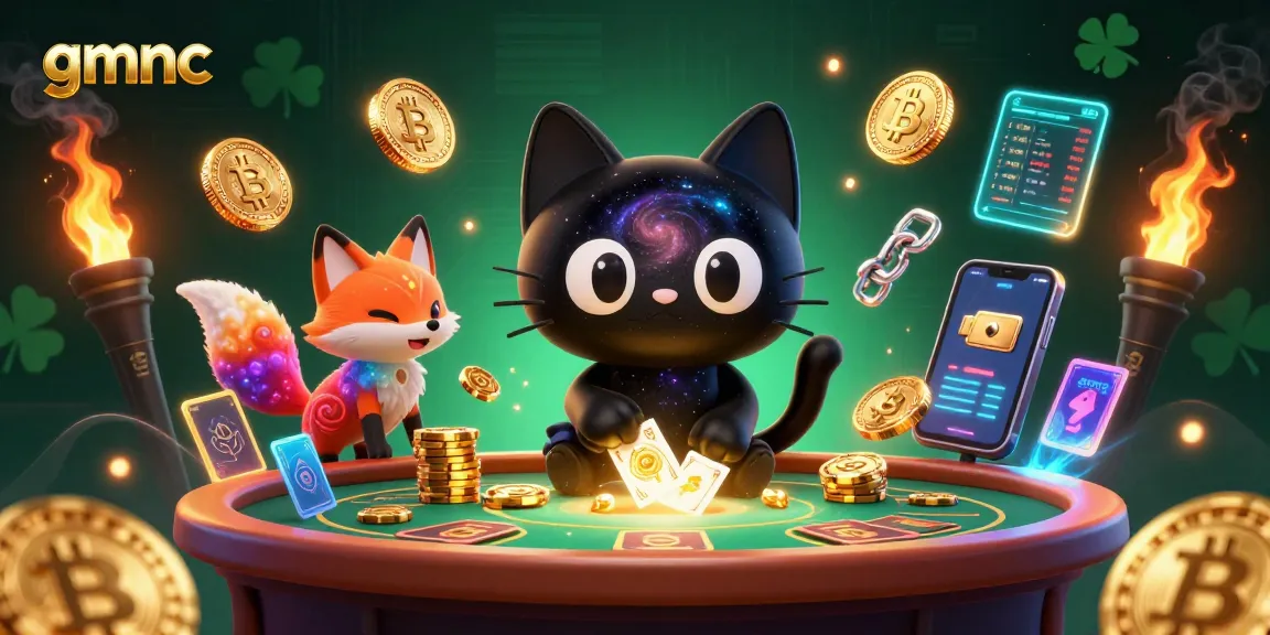 Experience gmnc with a black hole cat at a cosmic casino table, surrounded by vibrant crypto elements.