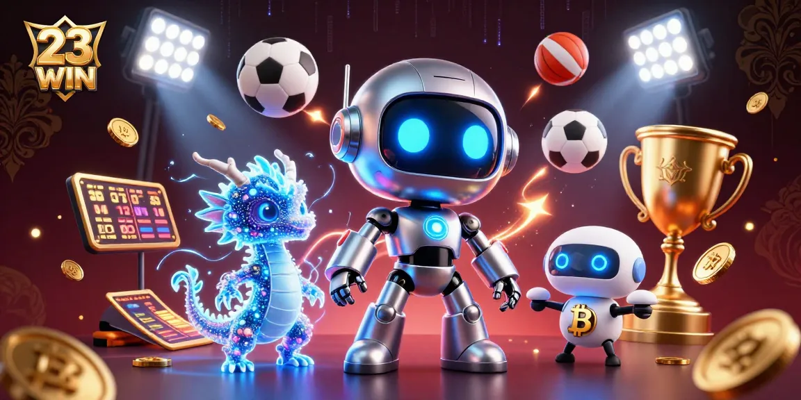 Engage with 23WIN's exciting gaming experience featuring a cyberpunk robot and friends in a vibrant casino atmosphere.