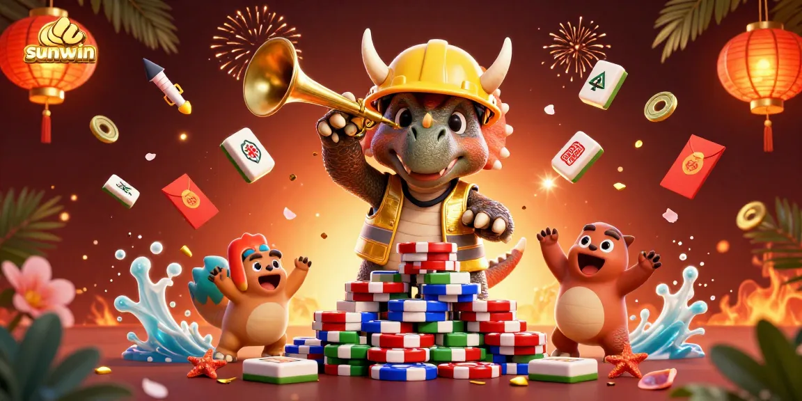 Engage in thrilling gambling with Sunwin's animated celebration, showcasing poker chips and festive elements.