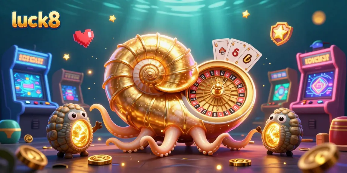 Experience luck8 with vibrant illustrated gaming elements and a giant nautilus roulette wheel.