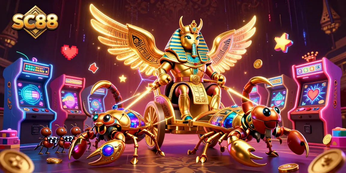Experience the excitement of SC88 with this dynamic casino-themed illustration featuring a golden scarab and gaming elements.