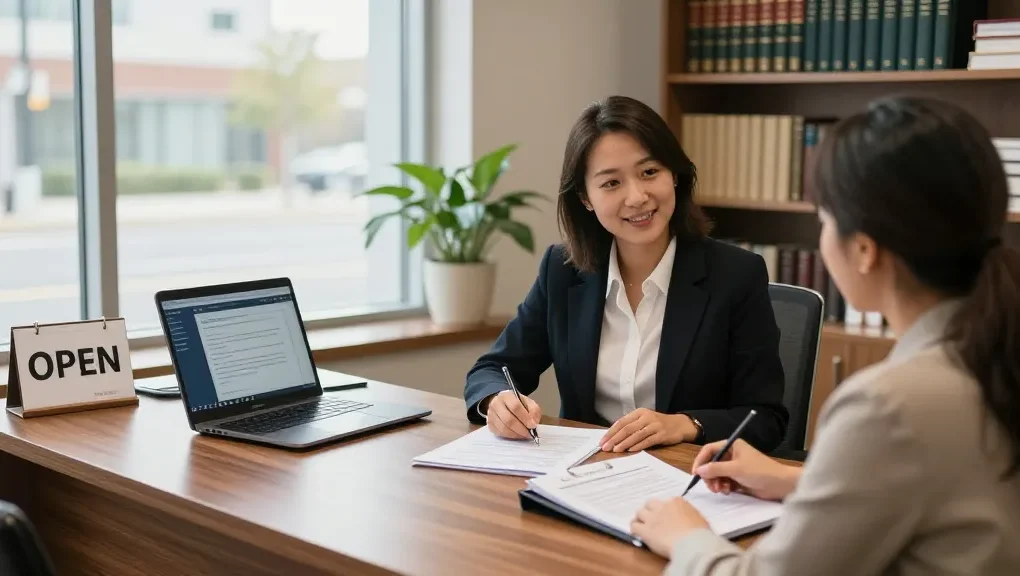 Brampton notary public assisting a client in a professional office setting with legal documents.