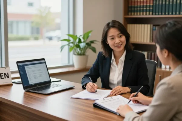 Brampton notary public assisting a client in a professional office setting with legal documents.