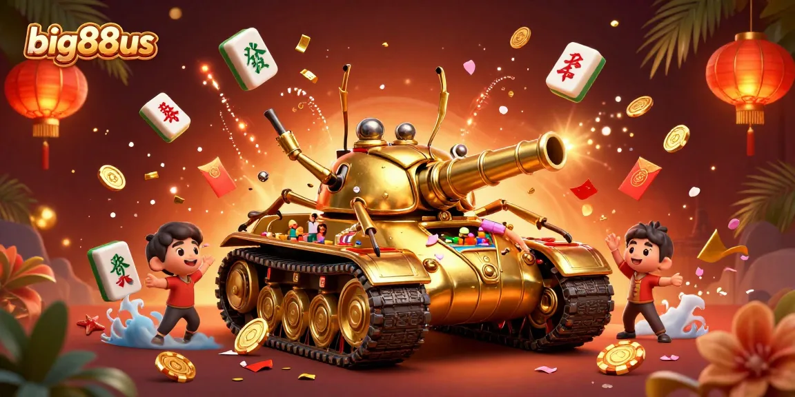 Engage in big88us slots within a vibrant scene featuring a golden beetle tank and miniature casino.