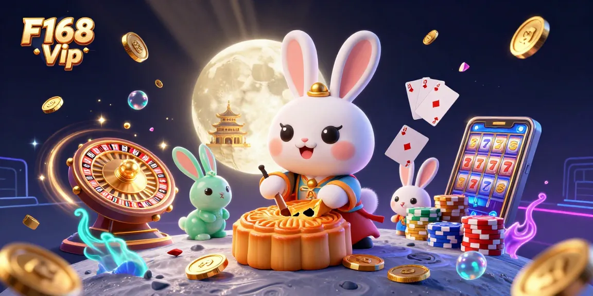 F168 Vip showcases an ultra-detailed 3D illustration with a moon rabbit and poker elements, enhancing your gaming experience.