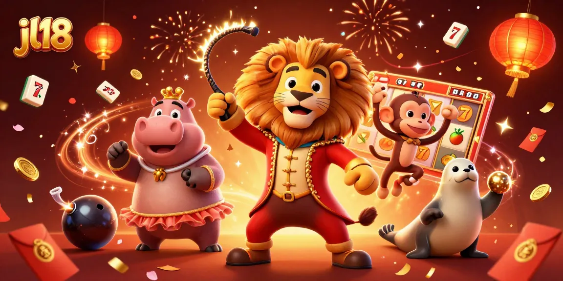 Experience vibrant gaming thrills with jl18's colorful characters amidst slot games and festive elements.