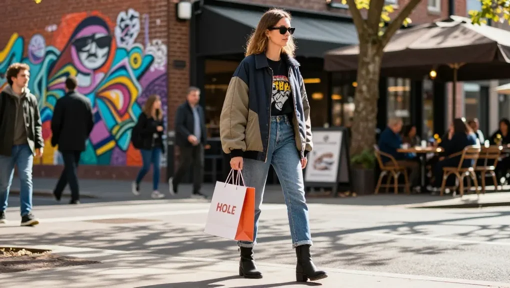 Jaklin Dalir showcasing trendy urban fashion on a vibrant city street