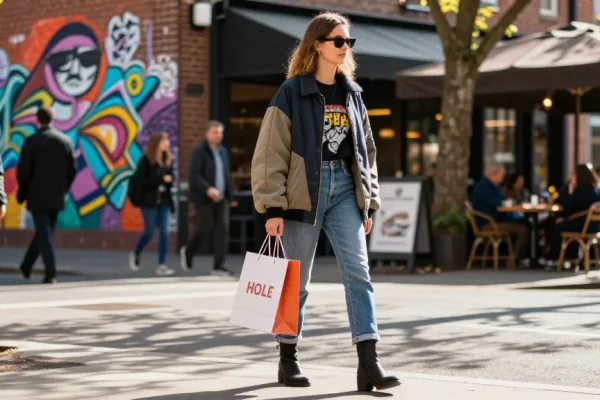 Jaklin Dalir showcasing trendy urban fashion on a vibrant city street