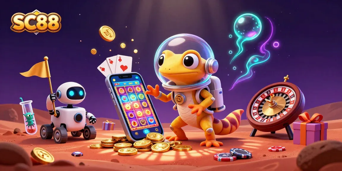 SC88 Martian gecko explores a golden casino in space with vibrant slots and games.