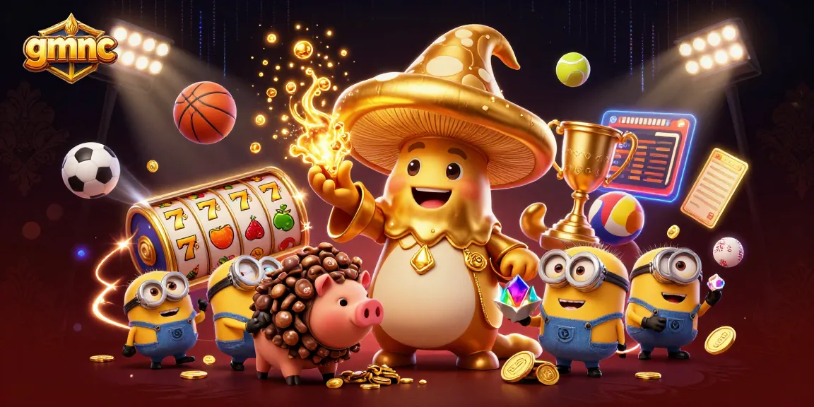 Experience thrilling gaming with gmnc's magical wizard, treasure-seeking pig, and vibrant casino elements.